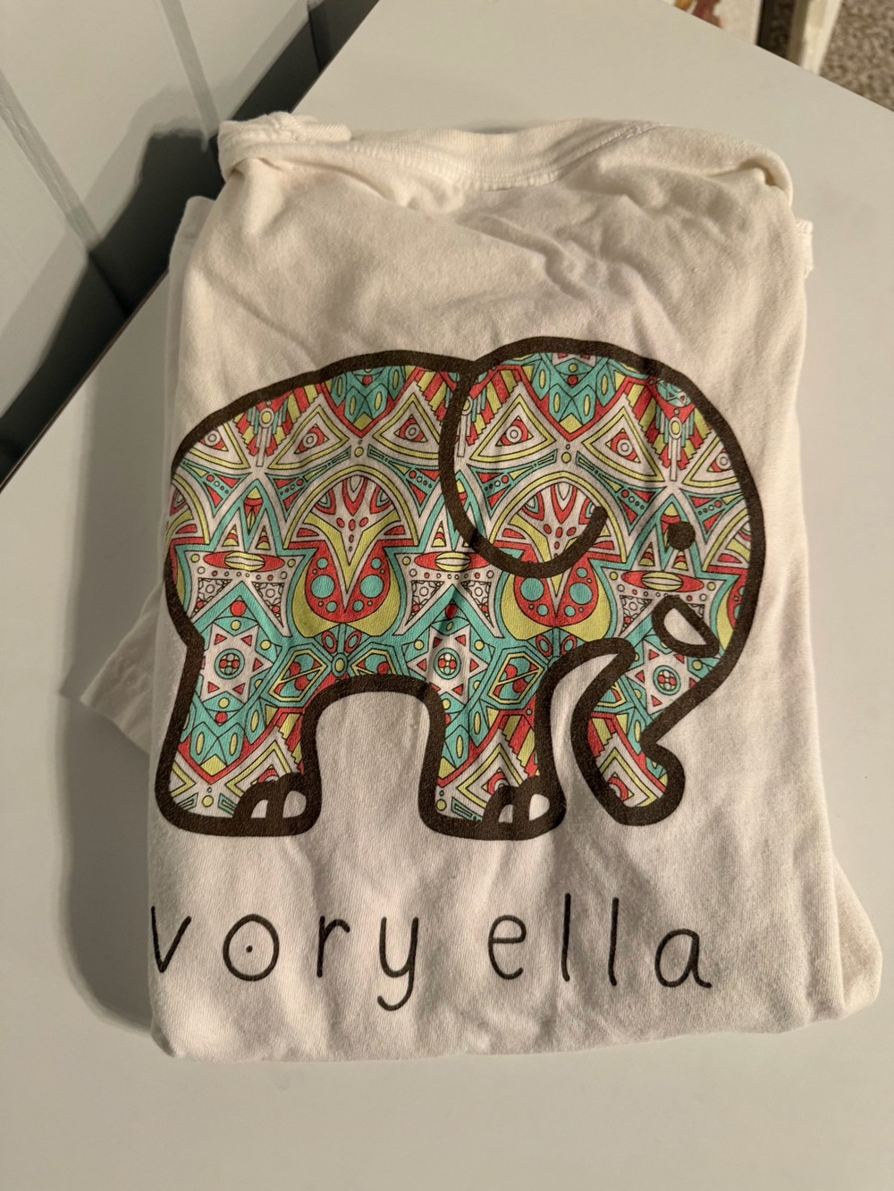 ivory ella White Tee with Multicolor Patterned Elephant Graphic